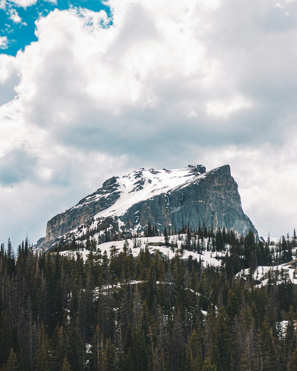 a snow covered mountain surrounded by trees under a cloudy sky