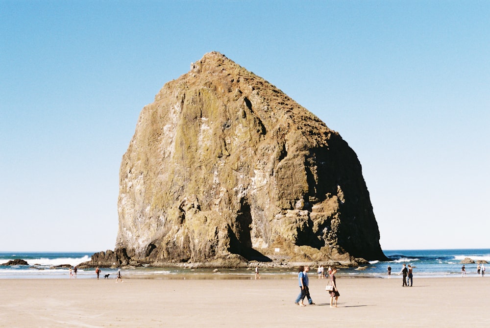 a group of people standing on top of a sandy beach