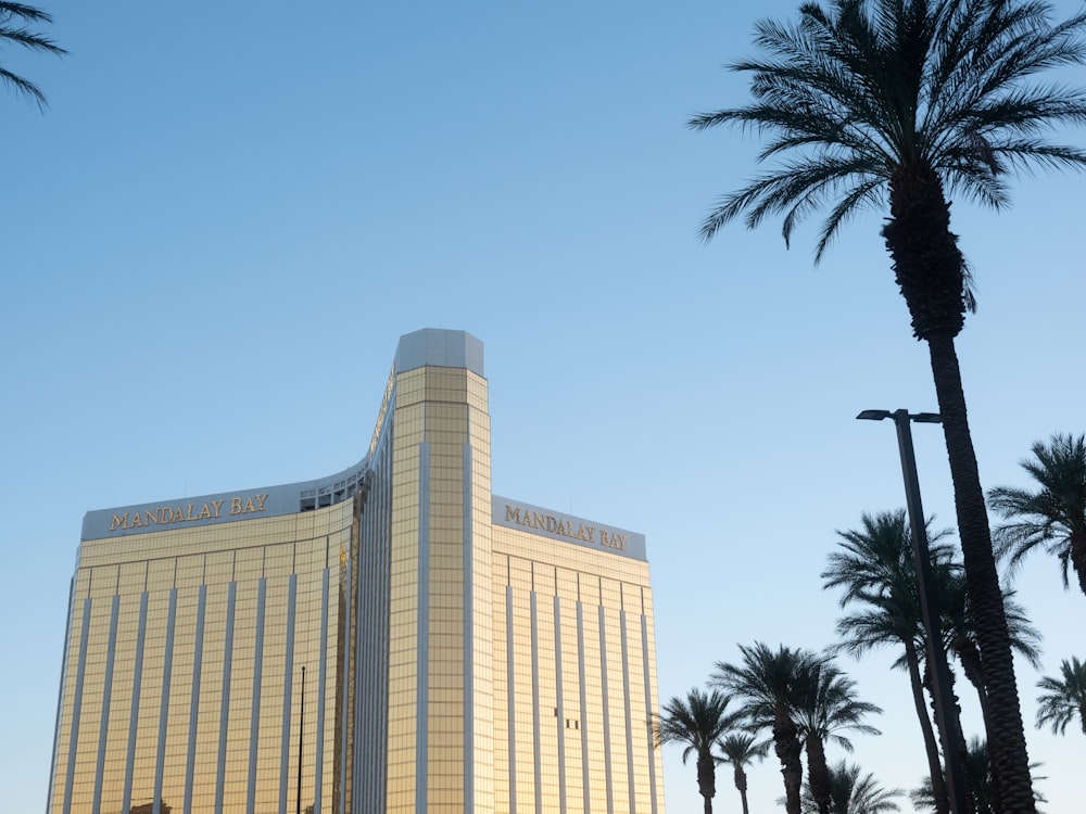 a tall building with palm trees in front of it