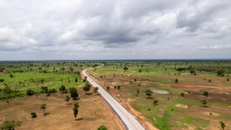an aerial view of a road in the middle of a field