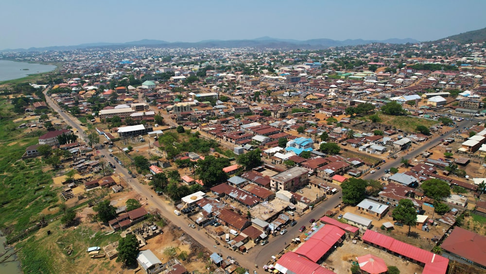 an aerial view of a city with a river running through it