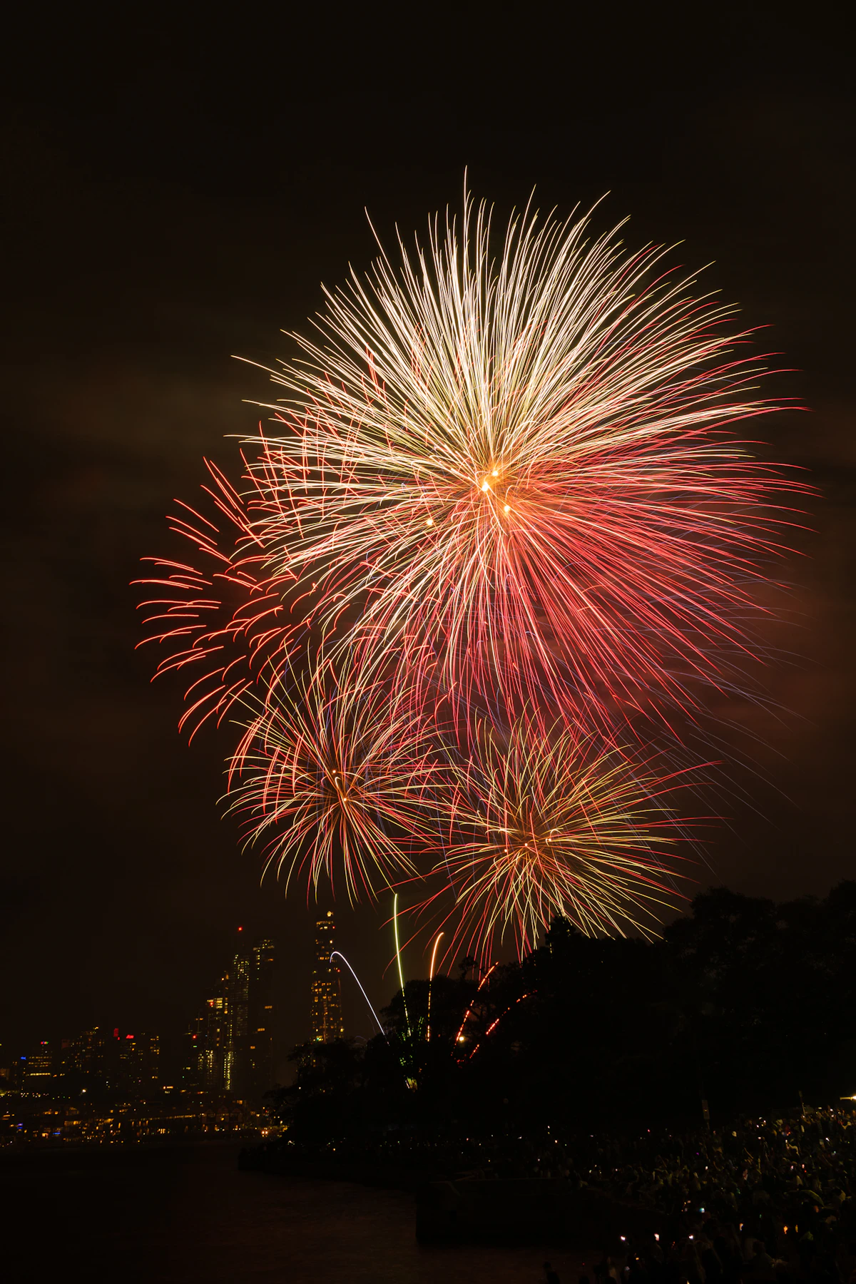 Crowd watching New Year’s Eve fireworks burst over a city skyline across the water