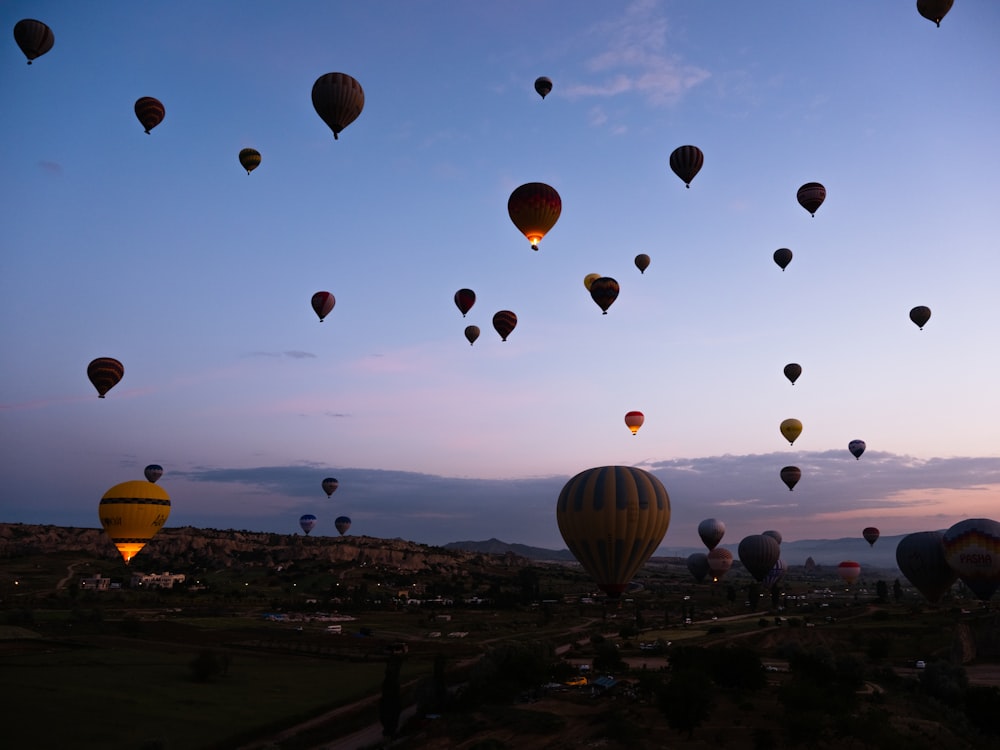 a bunch of hot air balloons flying in the sky