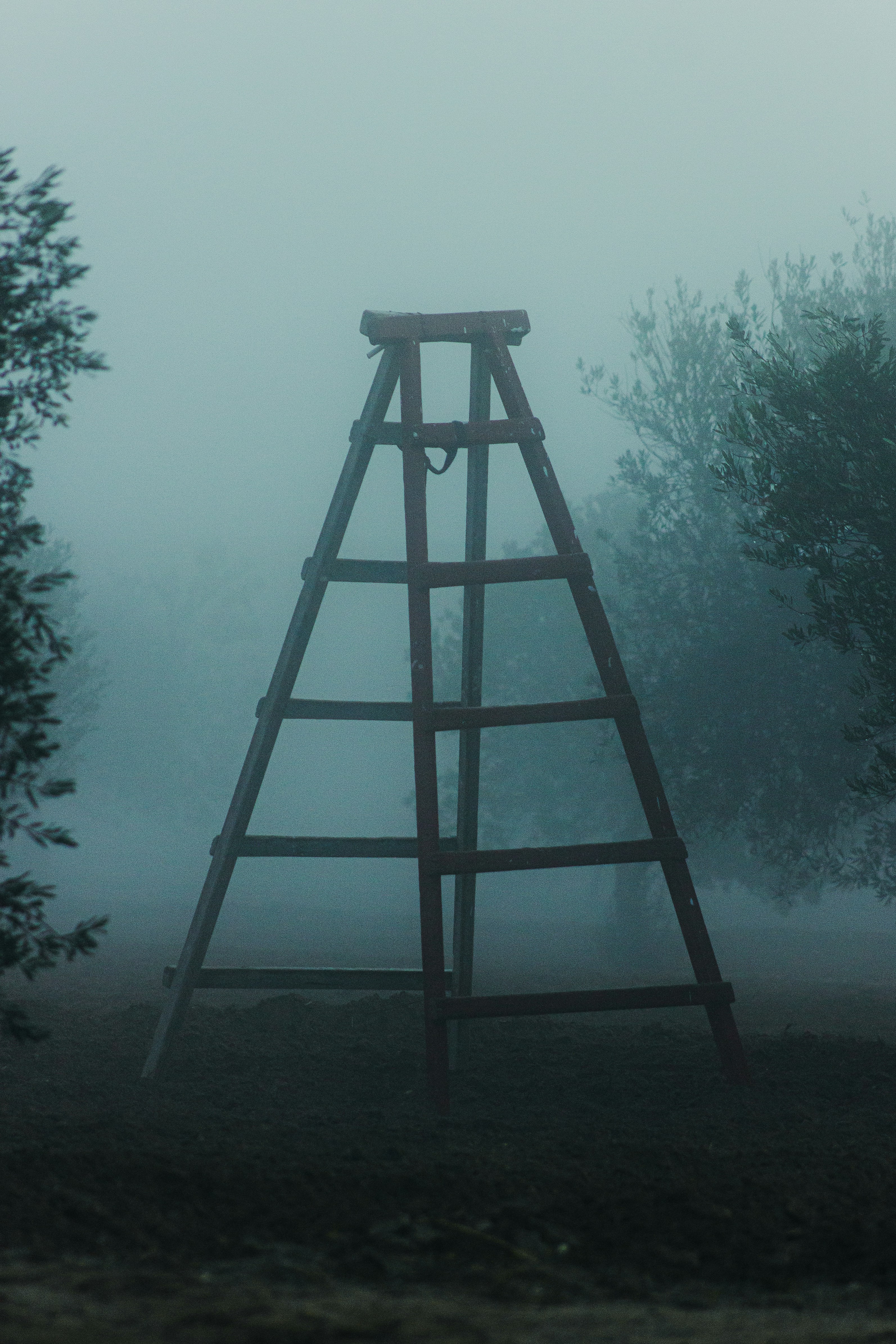 a wooden swing set in the middle of a foggy field