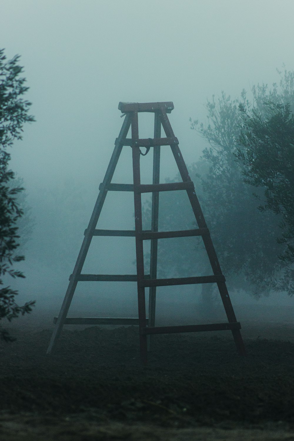 a wooden swing set in the middle of a foggy field