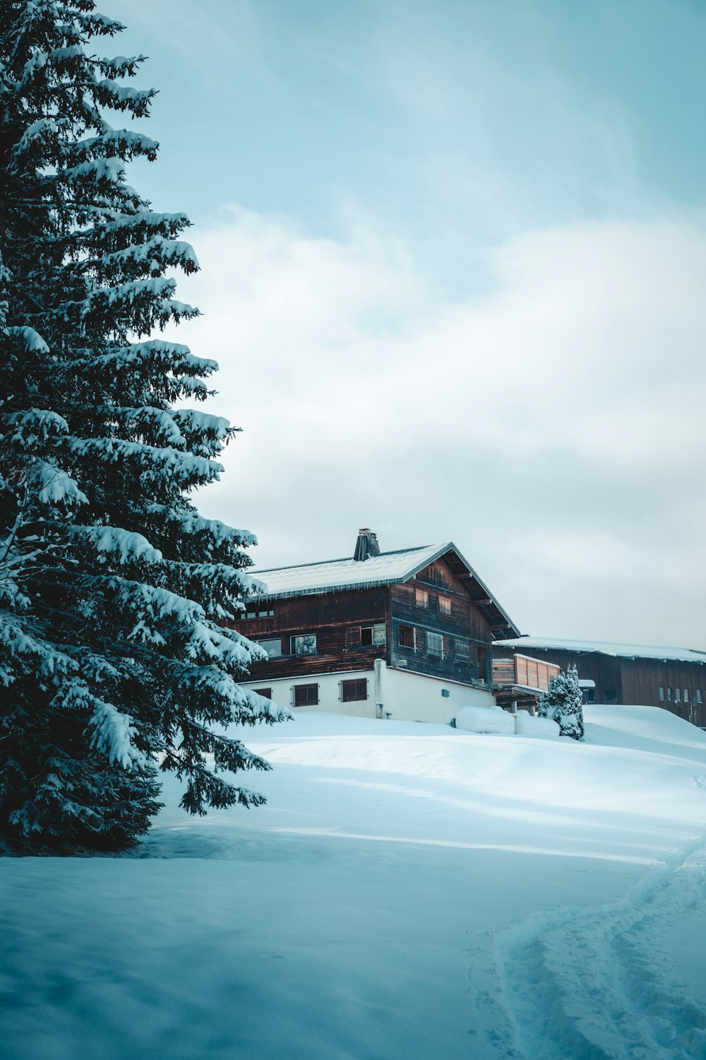 a house in the middle of a snowy field