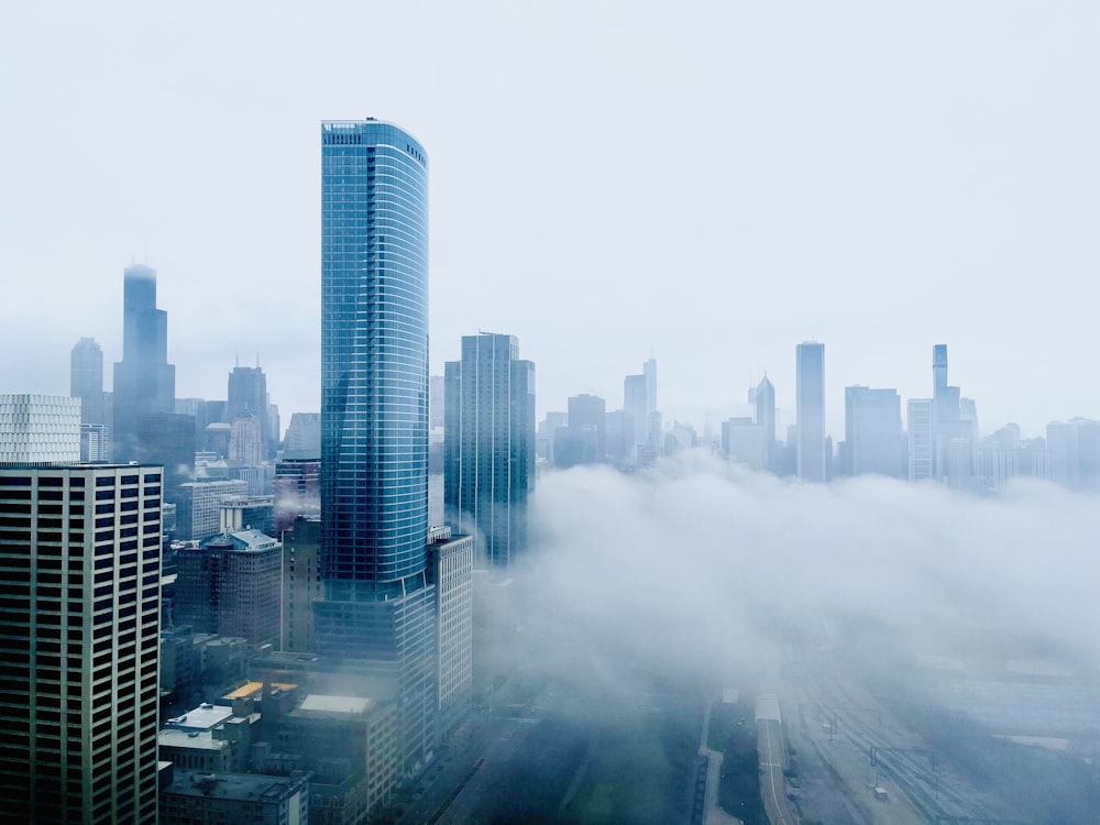 a view of a city in the fog
