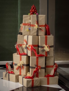 a christmas tree made out of wrapped presents