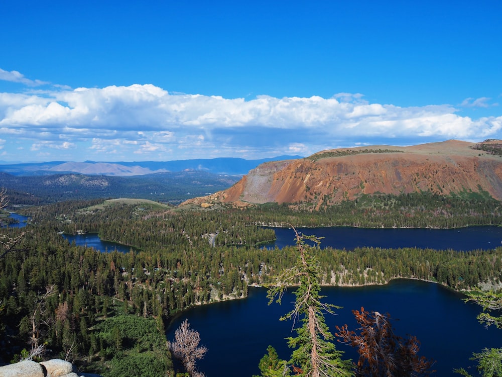 a scenic view of a lake surrounded by mountains