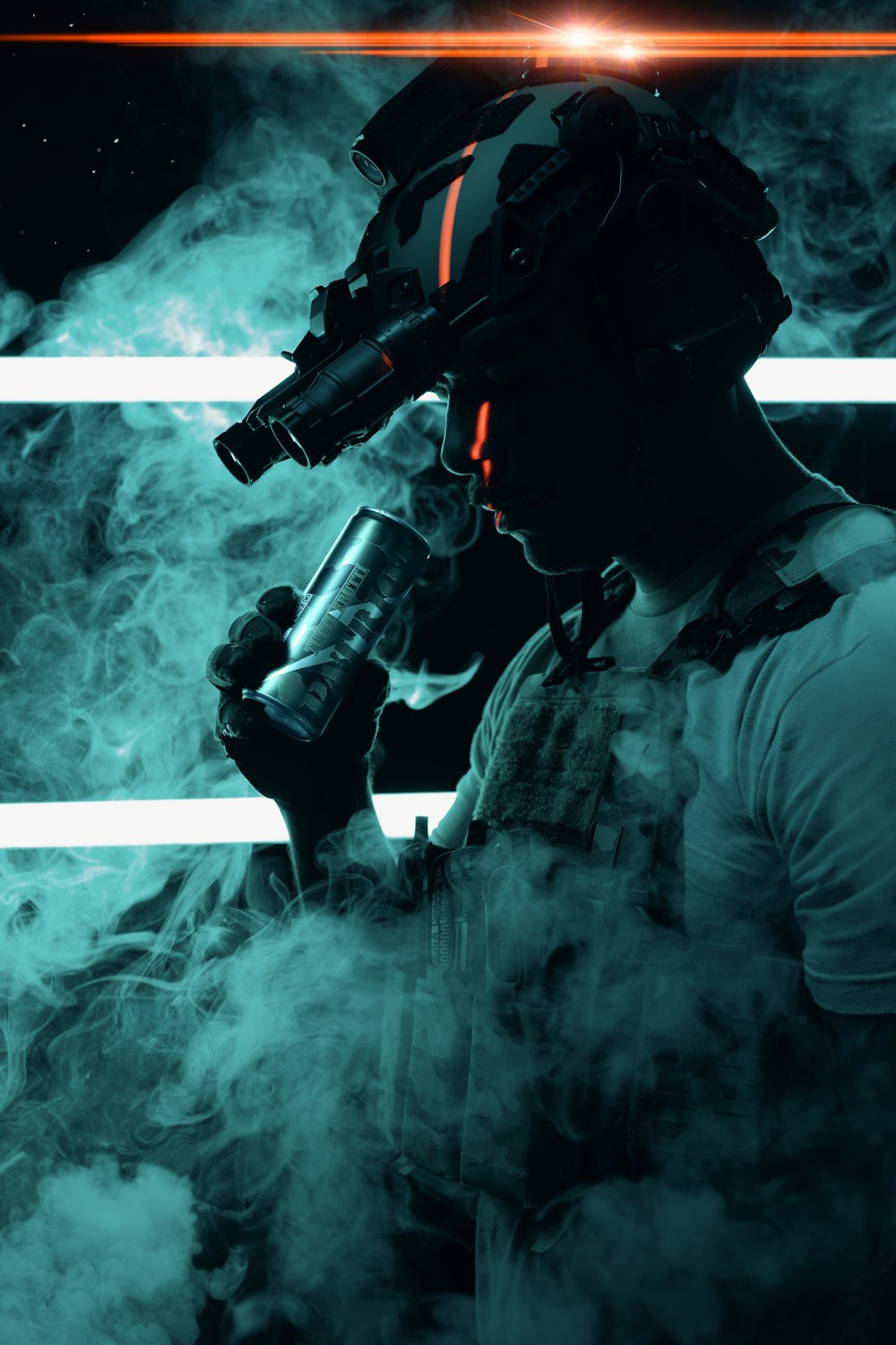 a man with a gun in his hand standing in smoke