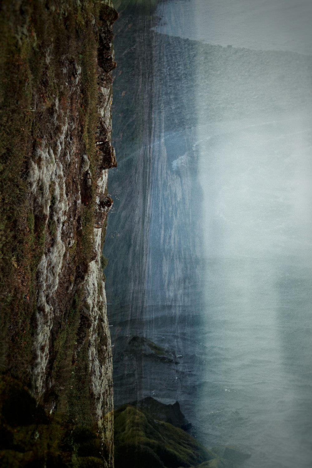 a bird perched on the side of a cliff next to a body of water