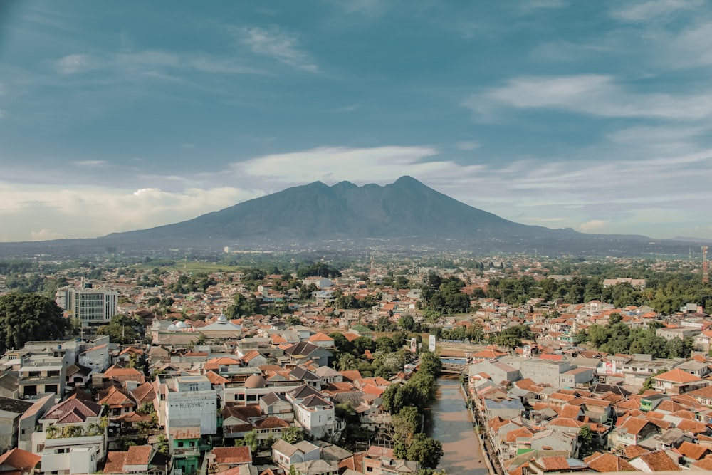 a view of a city with a mountain in the background