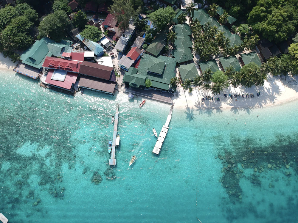 Aerial view of a resort on a tropical island