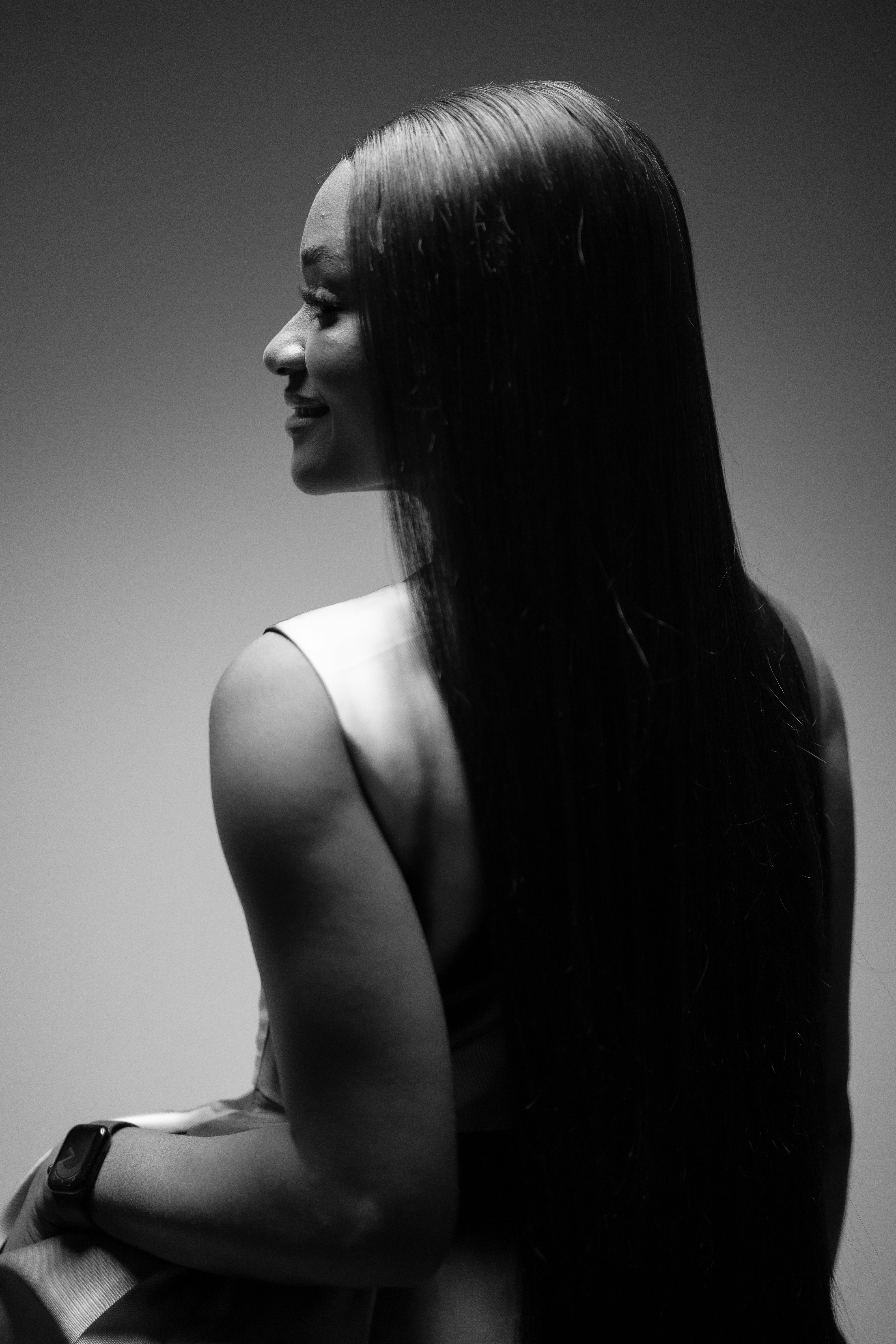 Close-up of smooth keratin-treated hair