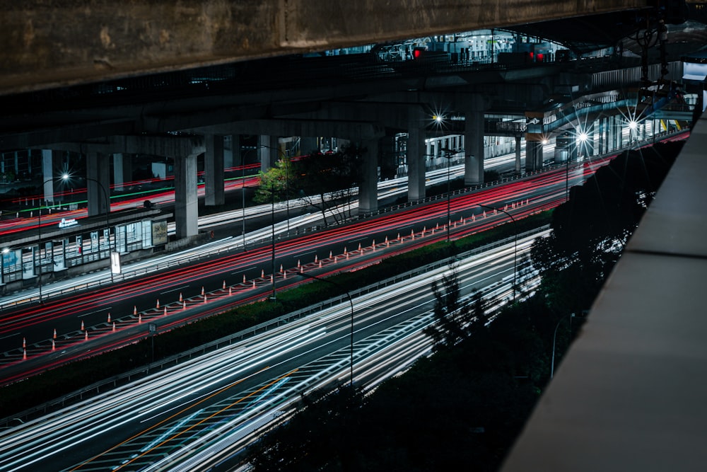 a view of a train station at night