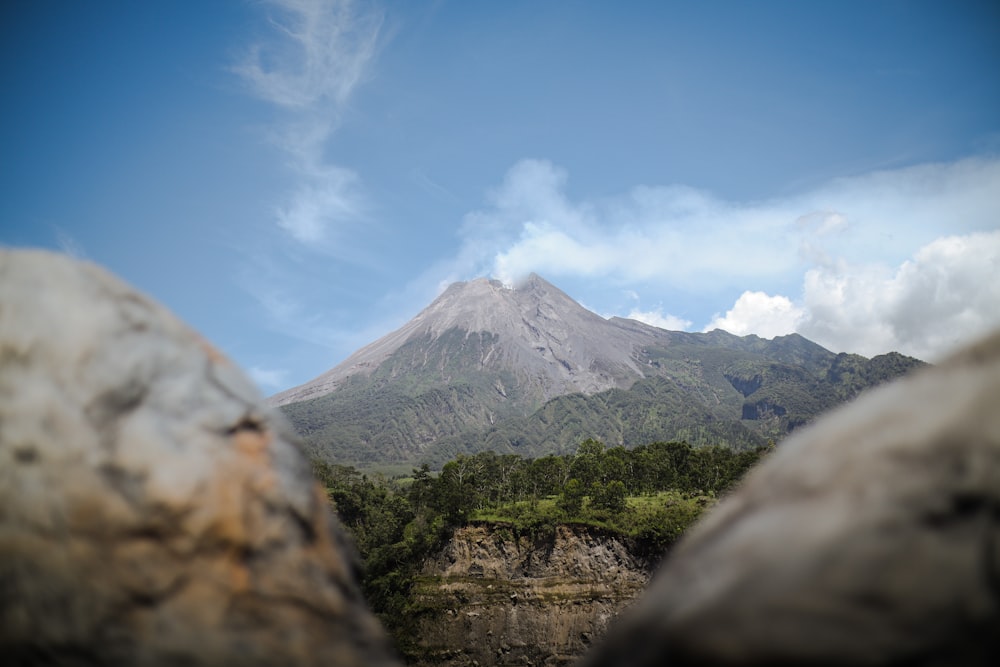 a view of a mountain from a distance