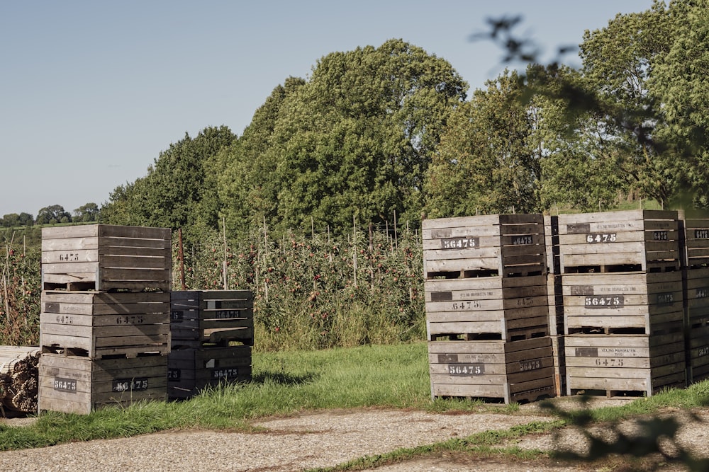 a group of wooden crates sitting on top of a grass covered field