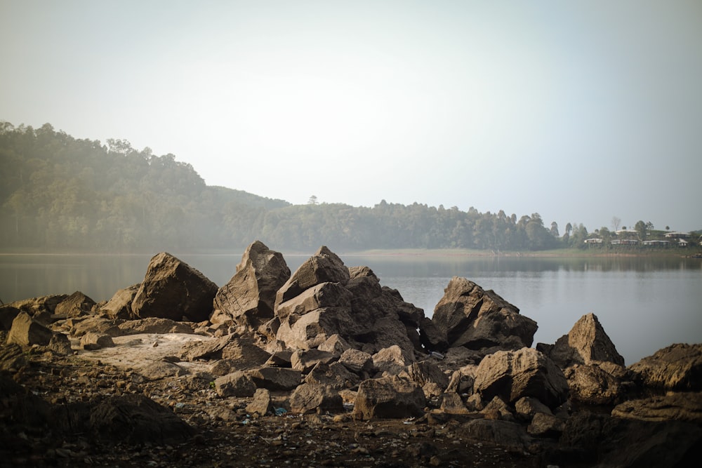 a large pile of rocks sitting on the shore of a lake