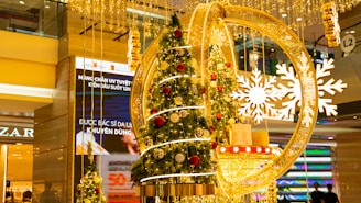 a christmas tree in the middle of a shopping mall