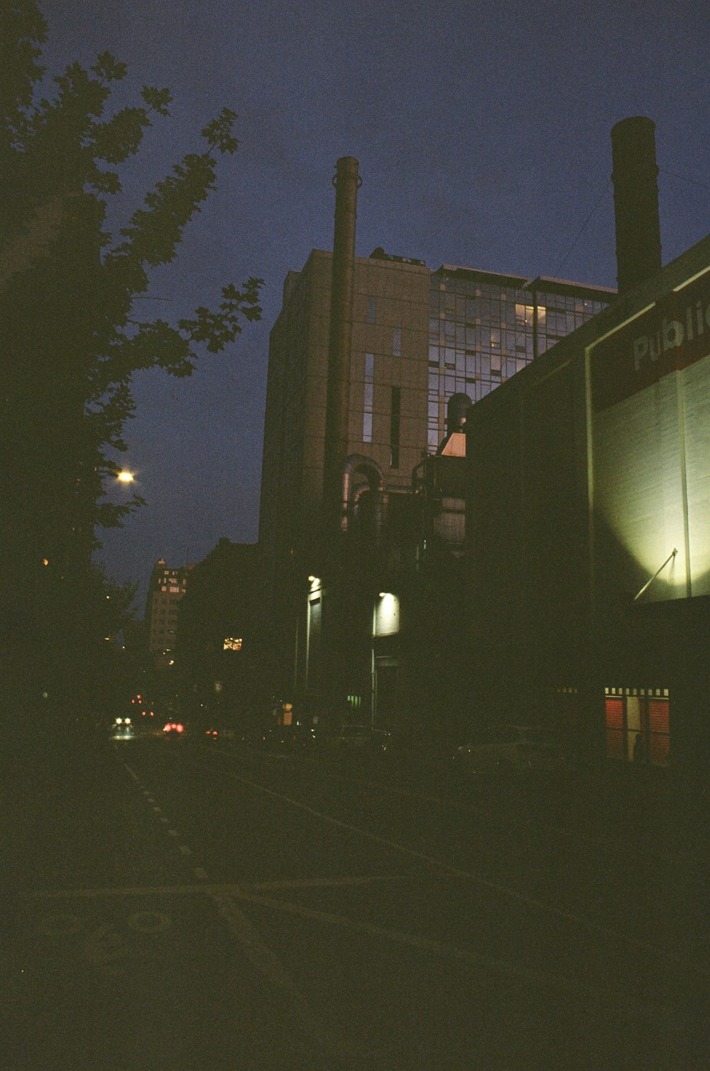 a train on a train track at night