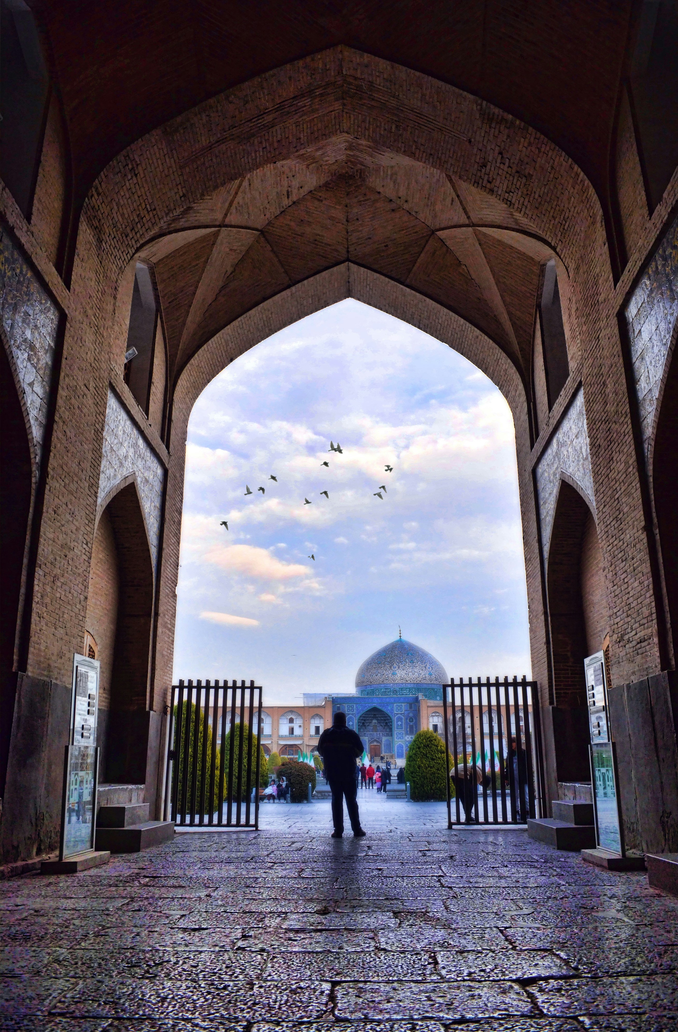 a man standing under an archway with birds flying overhead