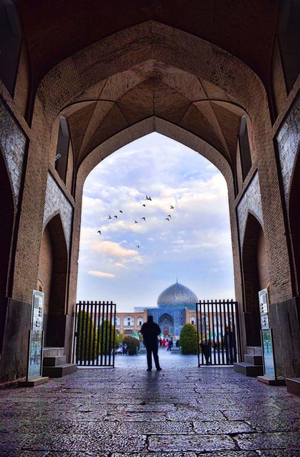 a man standing under an archway with birds flying overhead