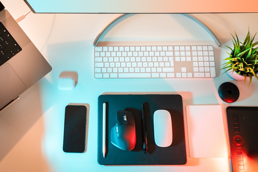 a desk with a keyboard, mouse and a plant