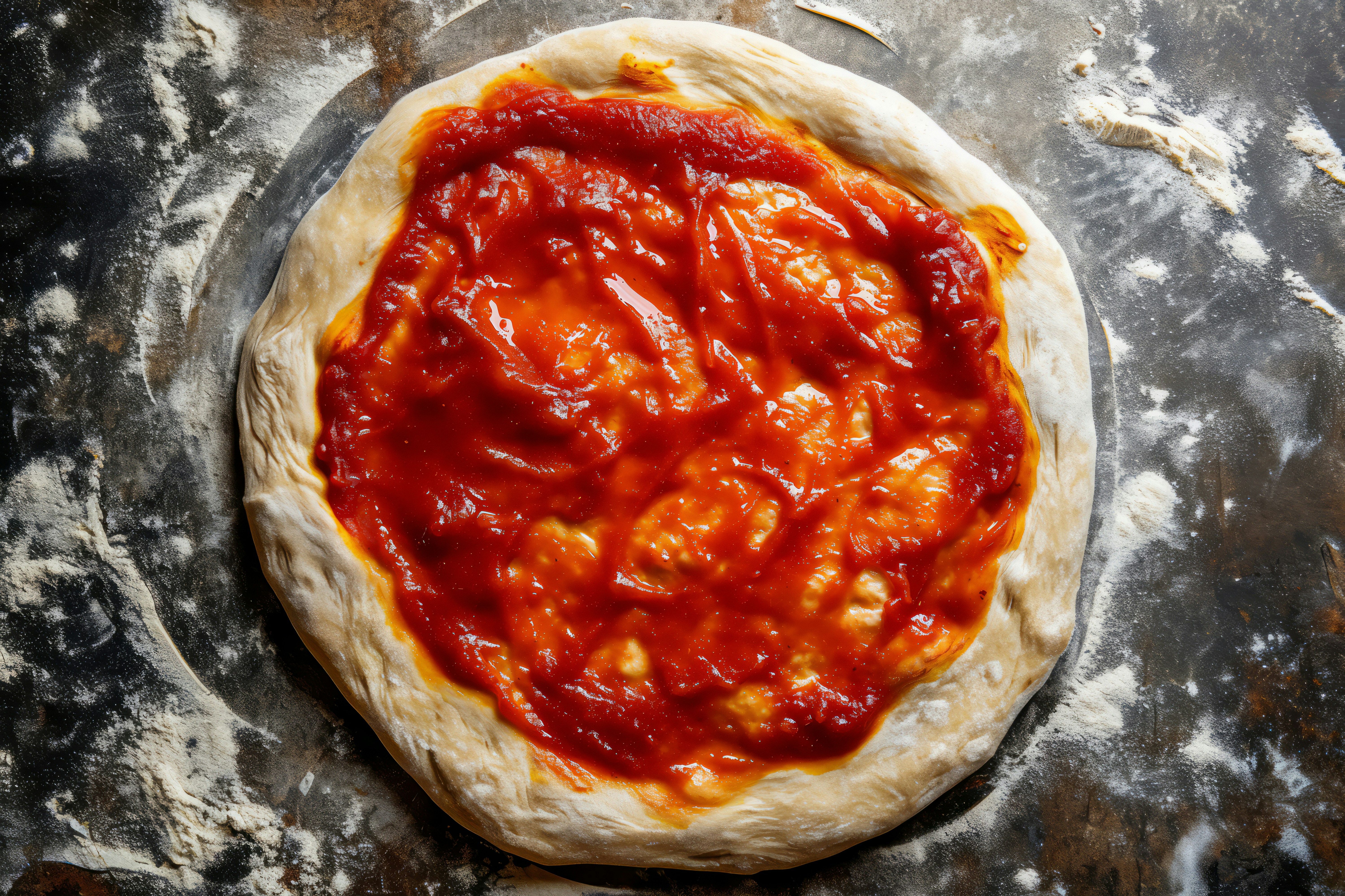 Pizza marinara rossa con aglio e origano su superficie scura, illuminazione calda