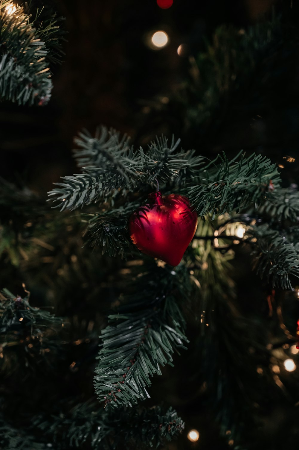 a red ornament hanging from a christmas tree