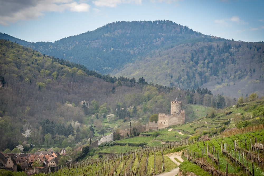 a scenic view of a small village in the mountains