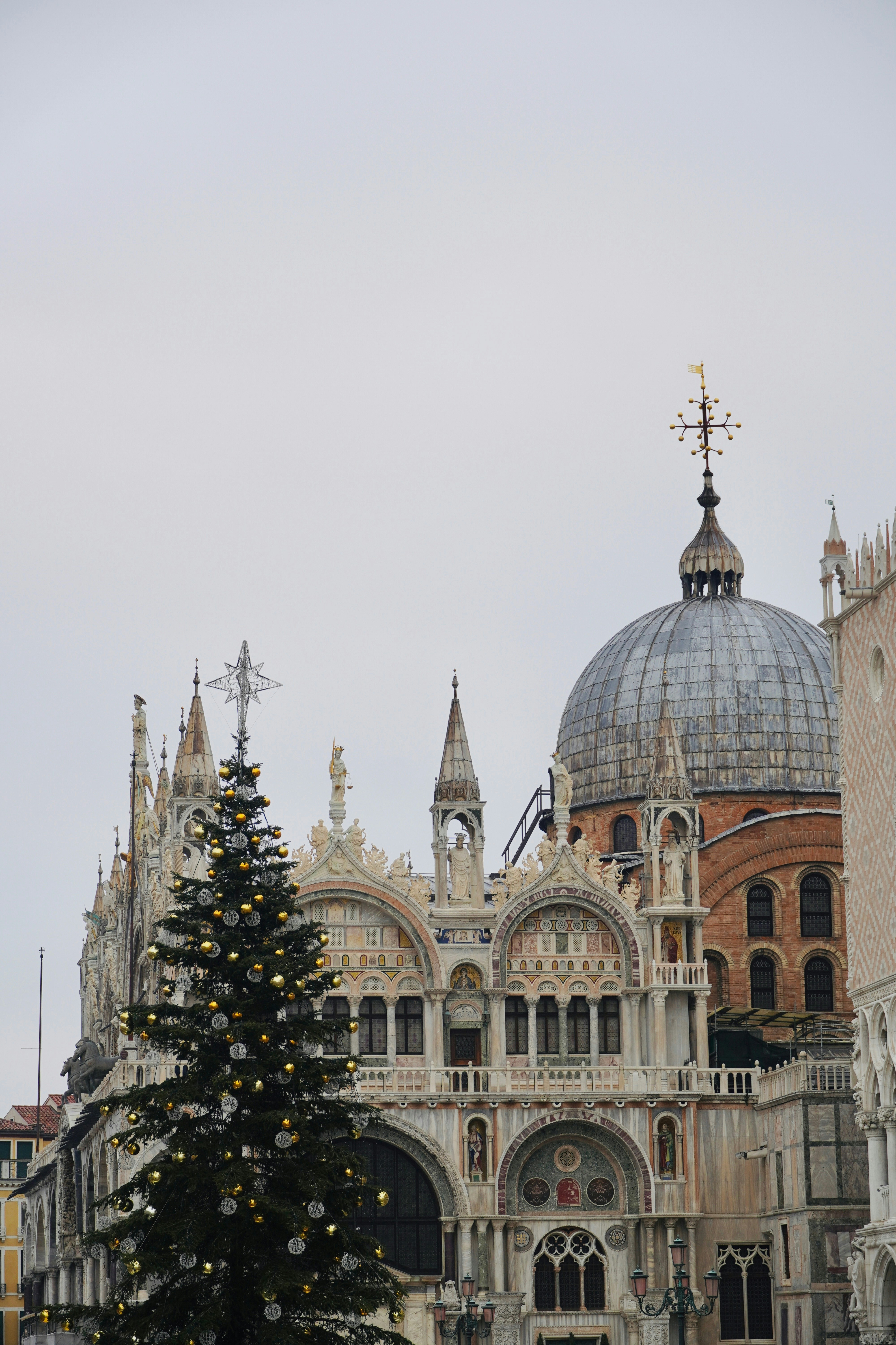 Un sapin de Noël se trouve devant un grand bâtiment