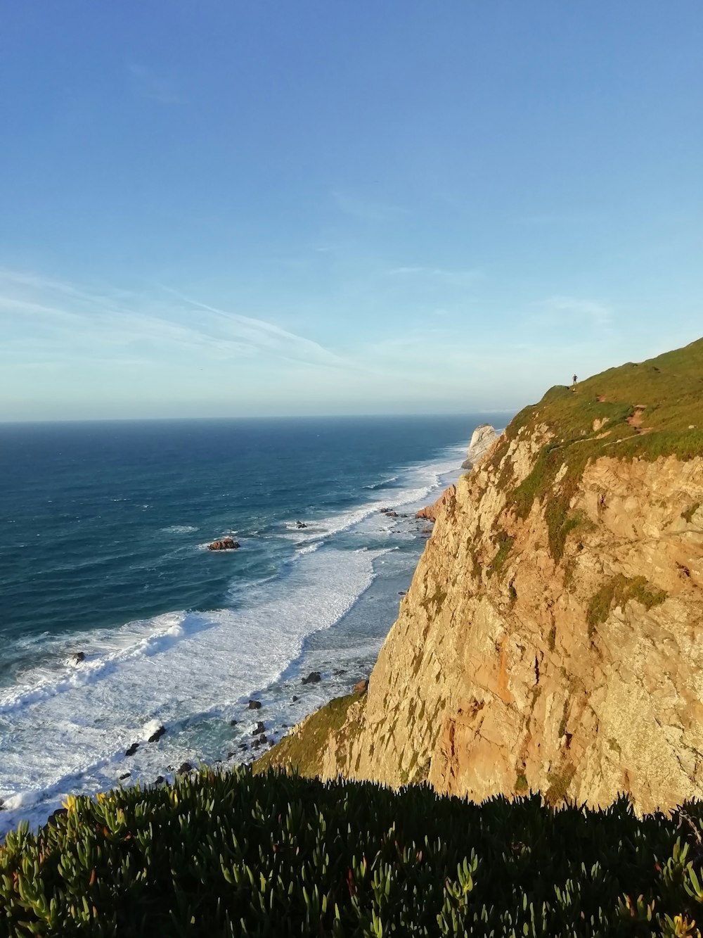 a view of the ocean from the top of a hill