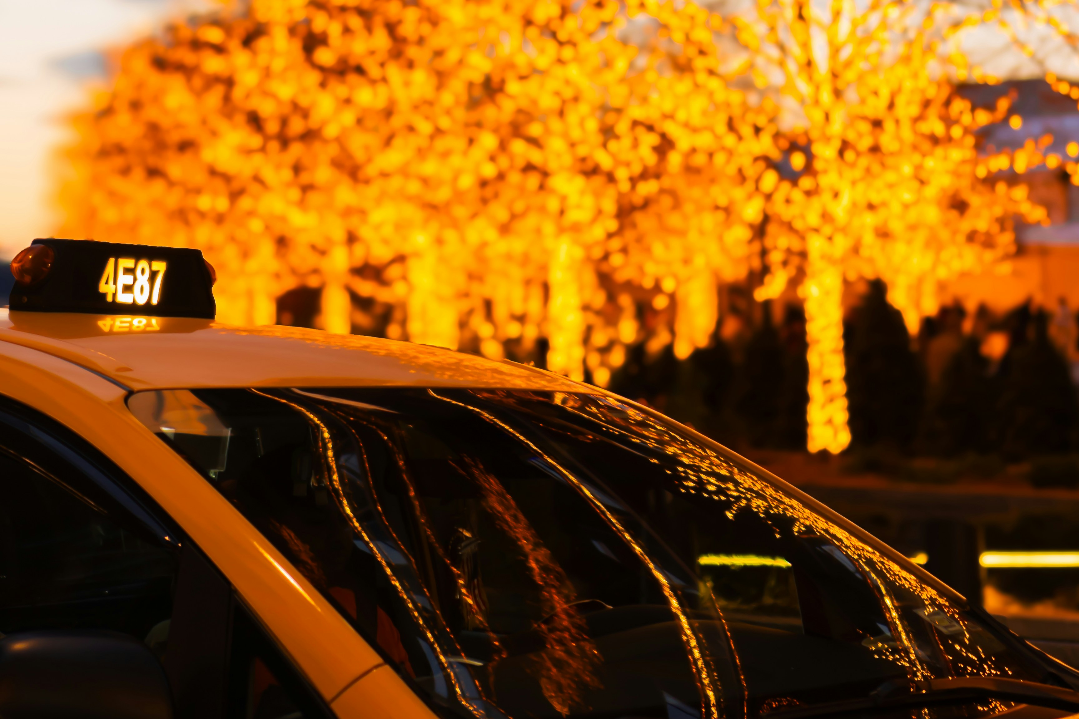 a yellow taxi cab is parked in front of a row of trees