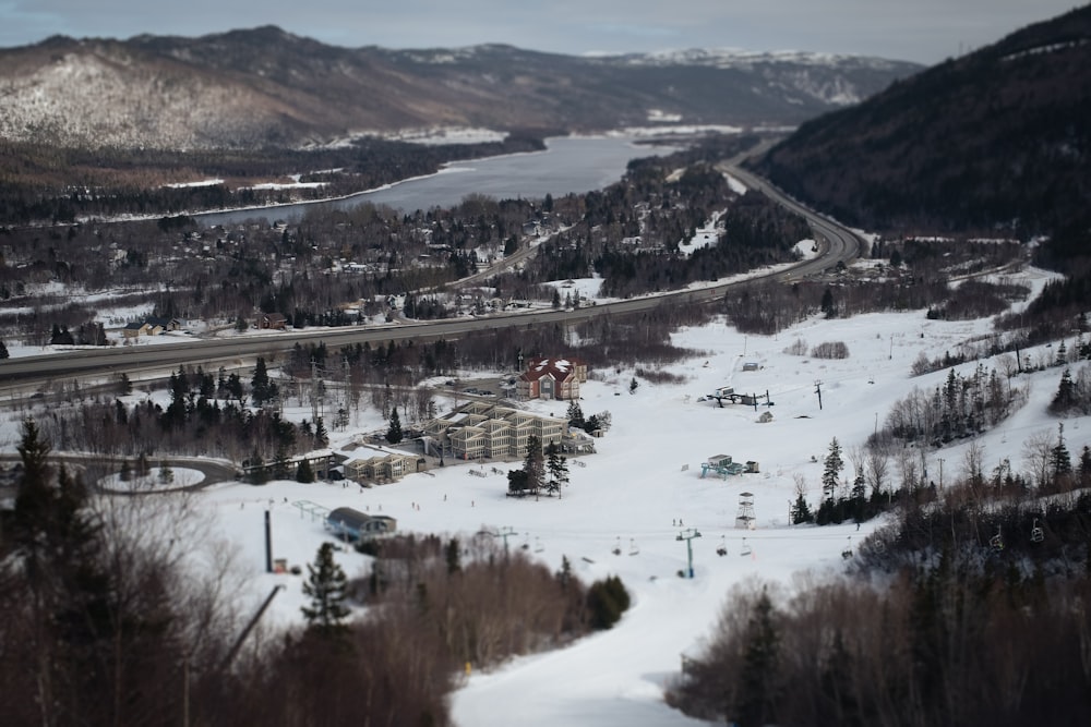 a view of a ski resort in the mountains