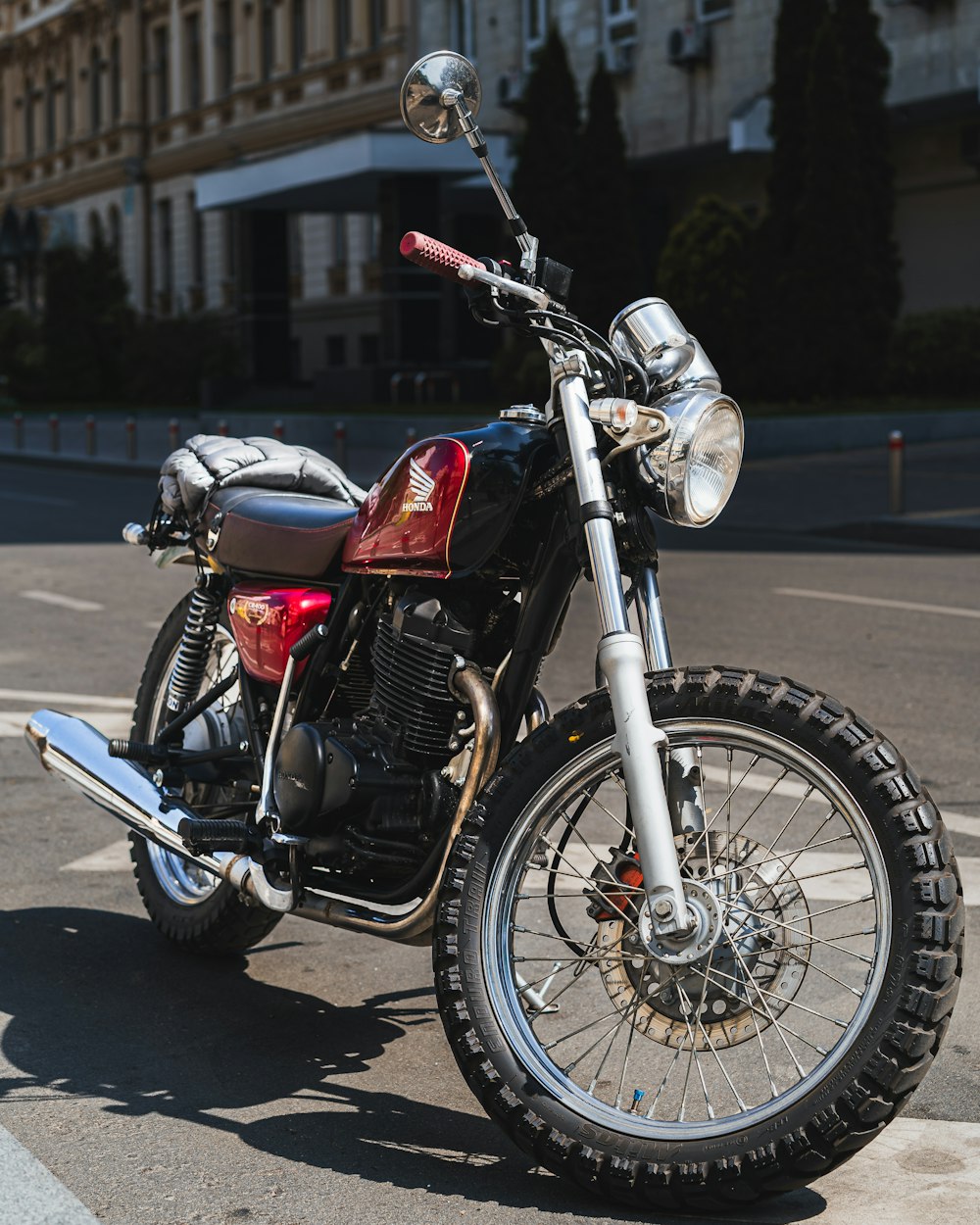 a motorcycle parked on the side of the road