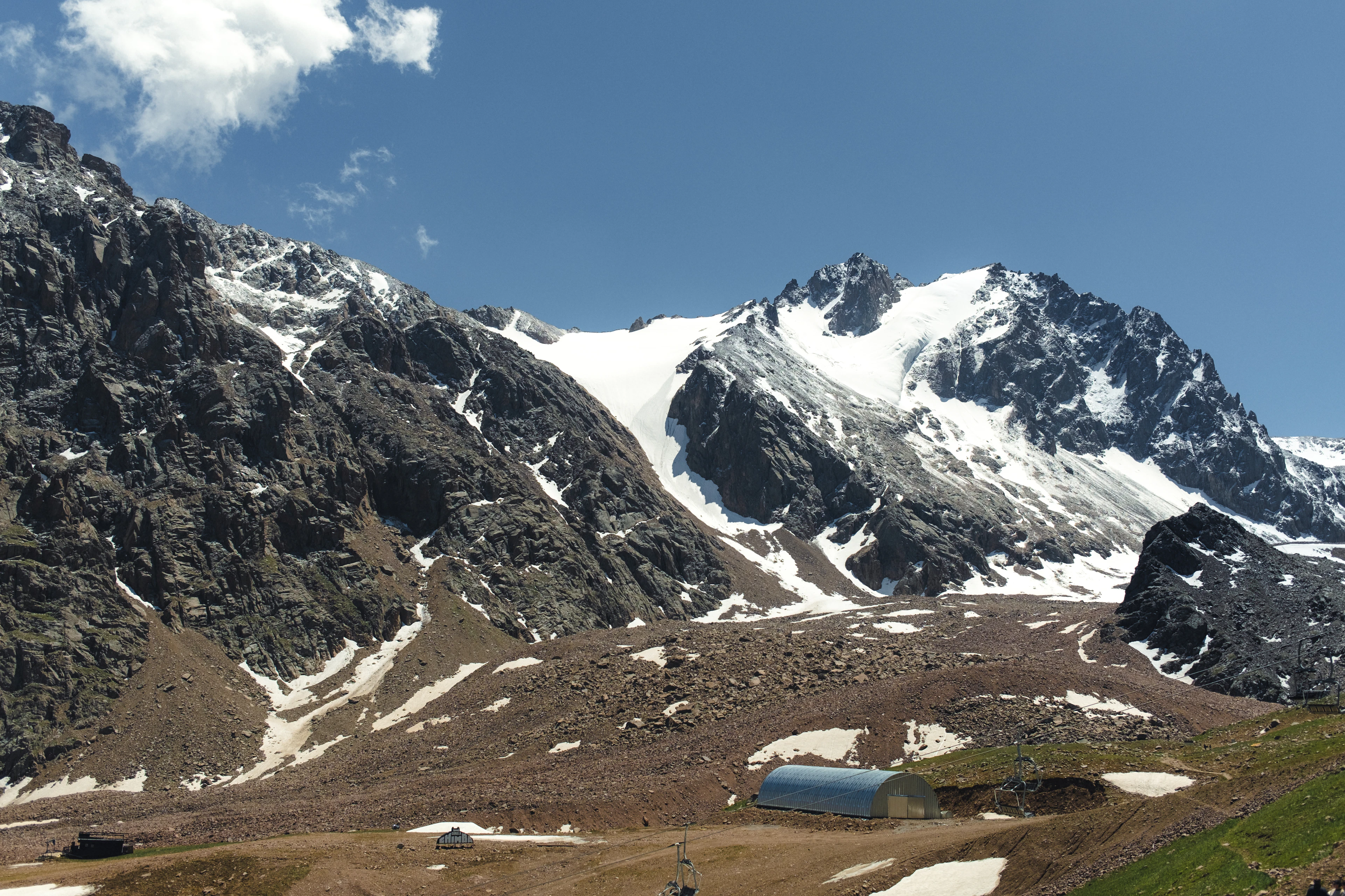 Jagged snow-covered peaks and a glacier rise above a small hut in the Shymbulak valley.
