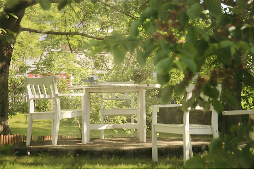 a couple of white chairs sitting under a tree