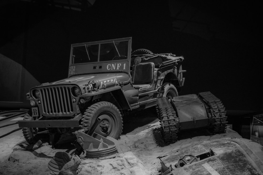 a black and white photo of a jeep