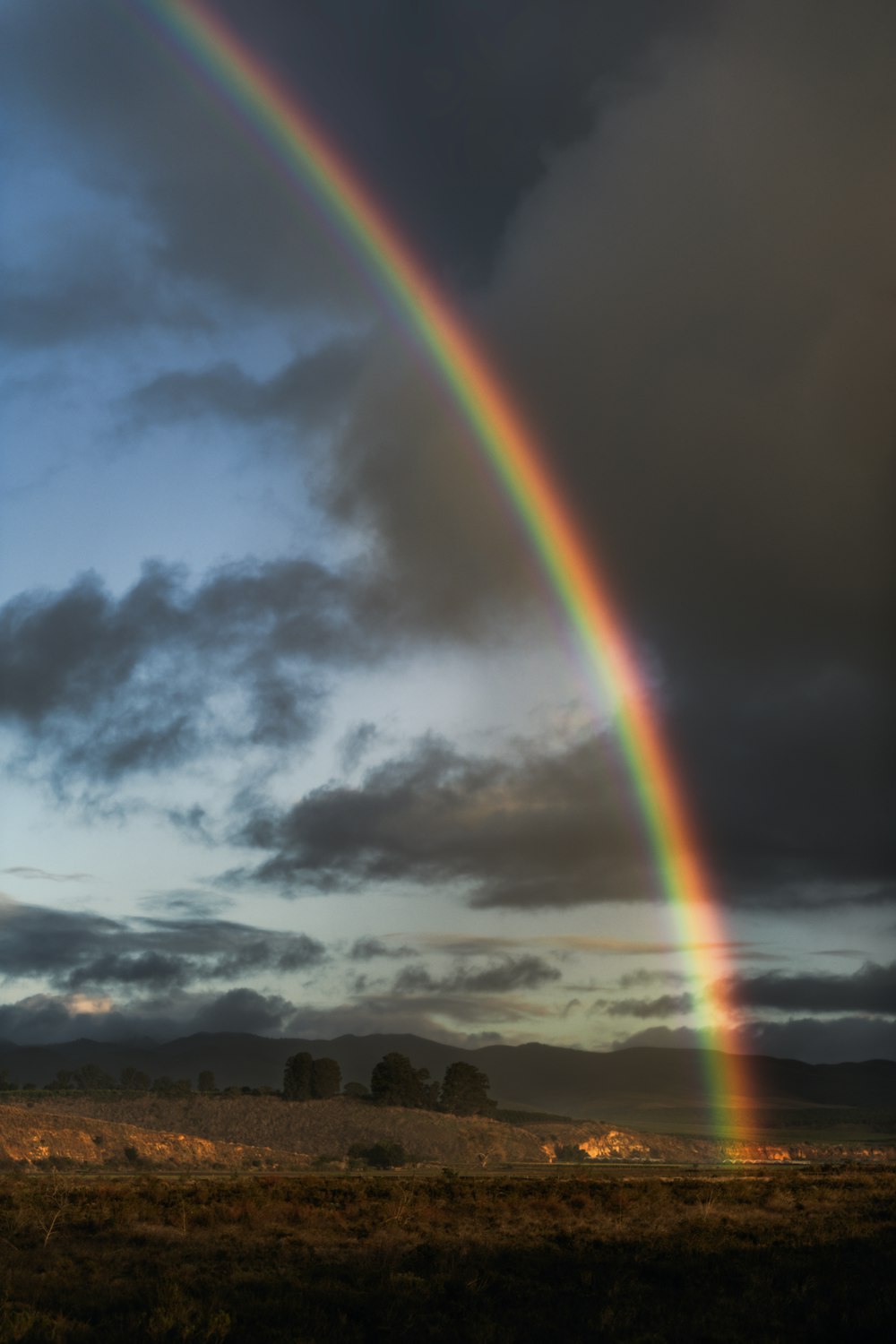 a rainbow appears in the sky over a field