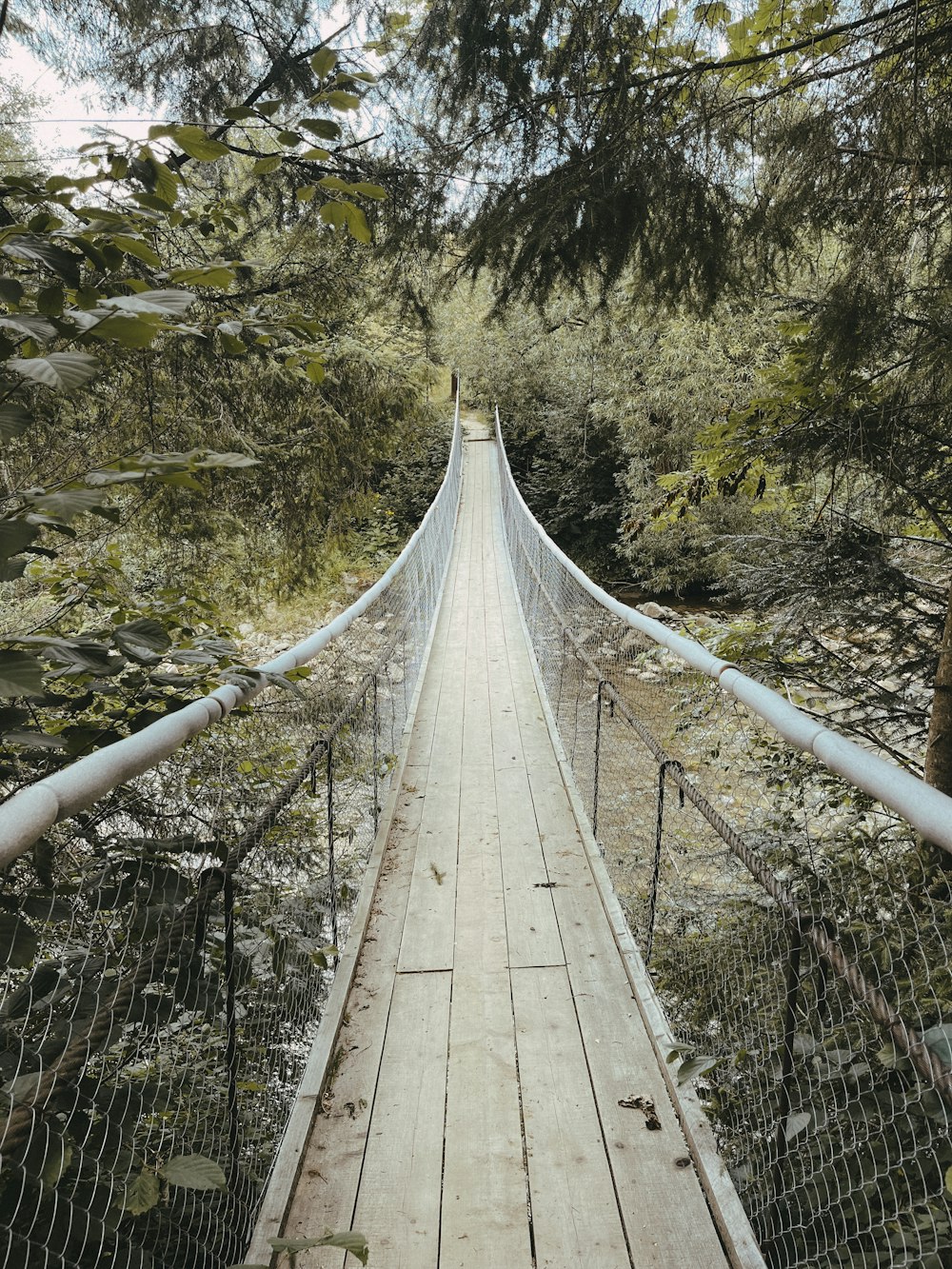 a wooden suspension bridge over a stream in a forest