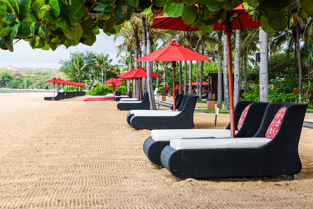 a row of lounge chairs sitting on top of a sandy beach