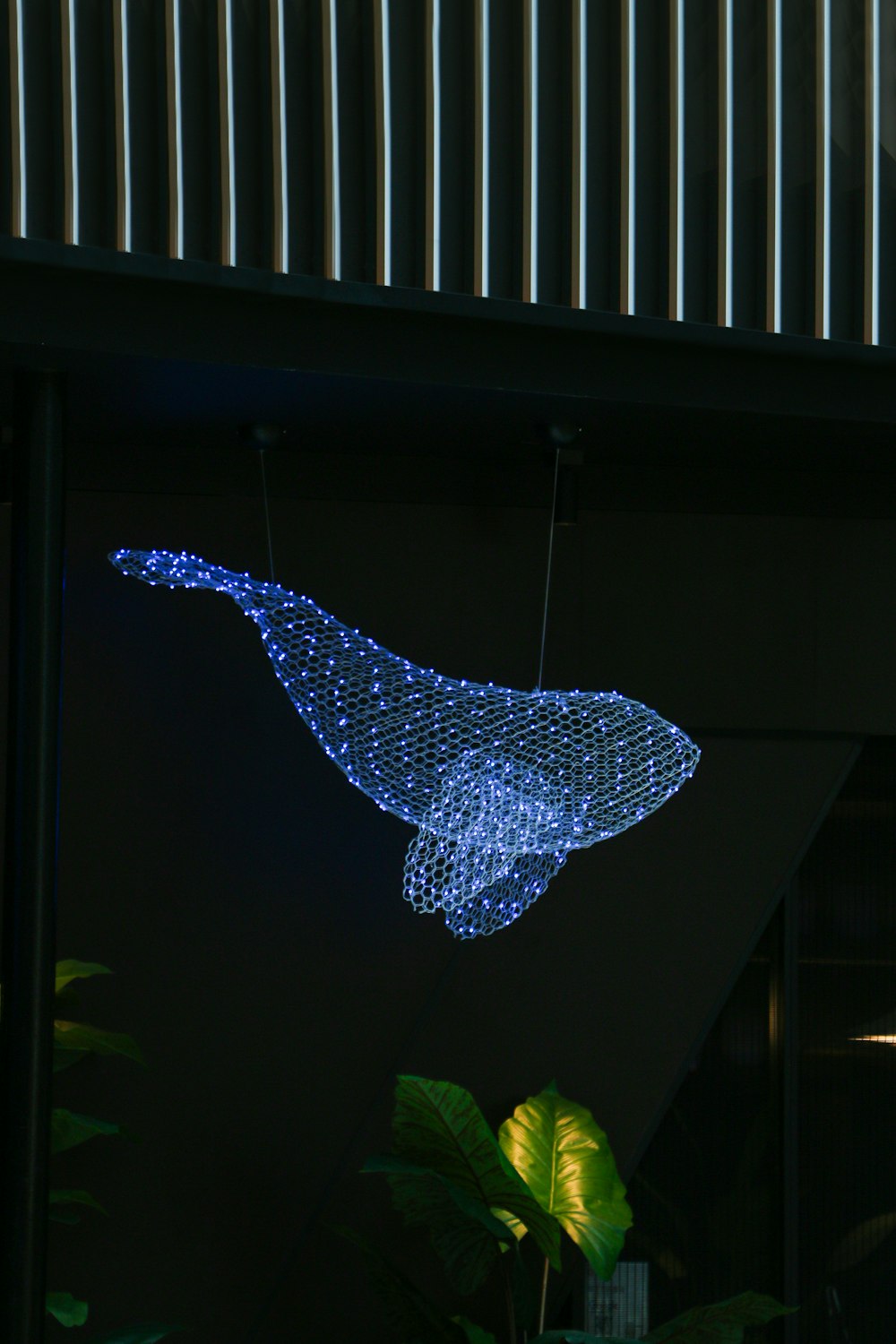 a blue whale shaped light hanging from the side of a building