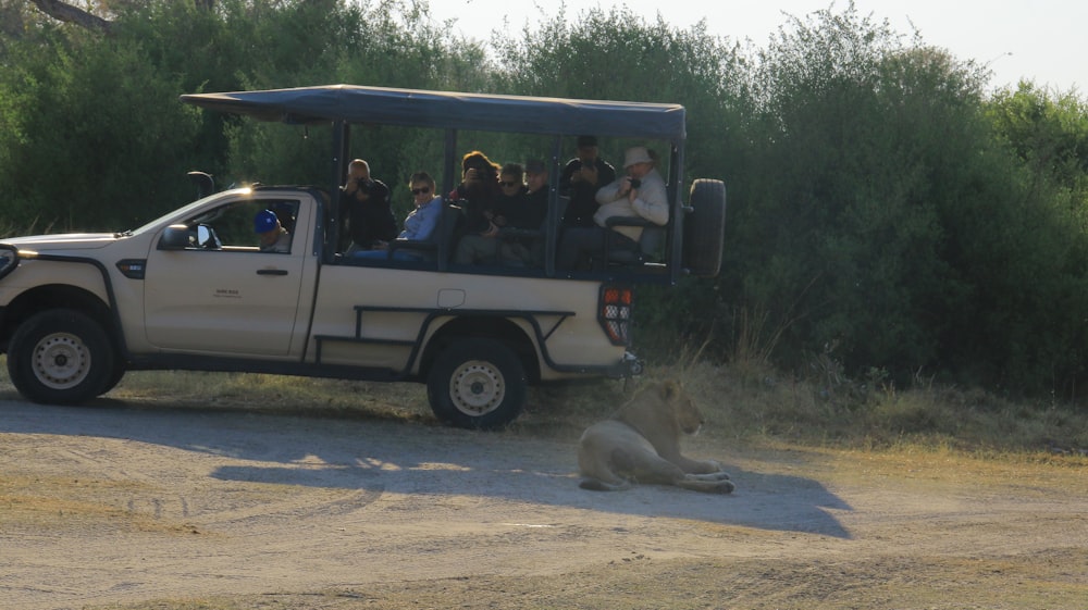 a group of people riding in the back of a truck