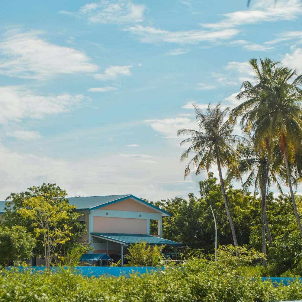 a house with a blue roof surrounded by trees