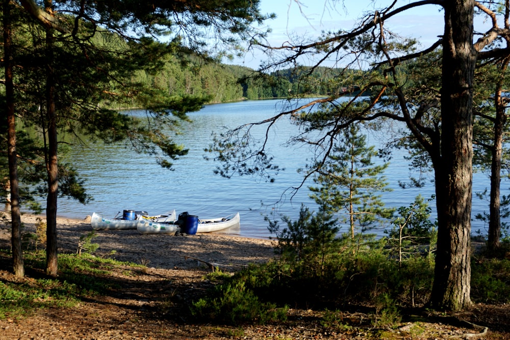 a couple of boats sitting on top of a lake