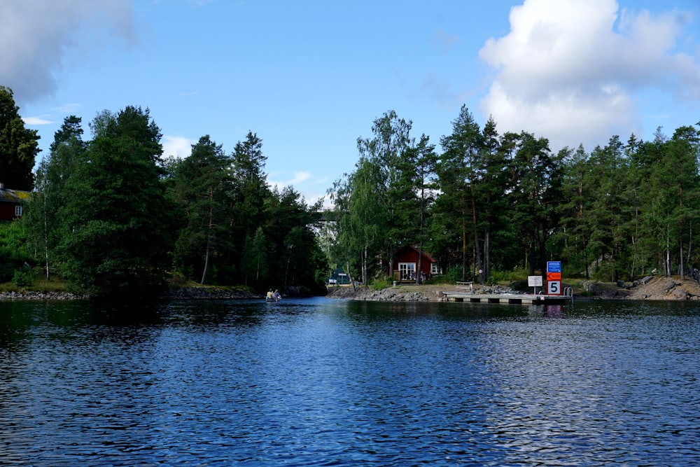 a body of water surrounded by trees and houses