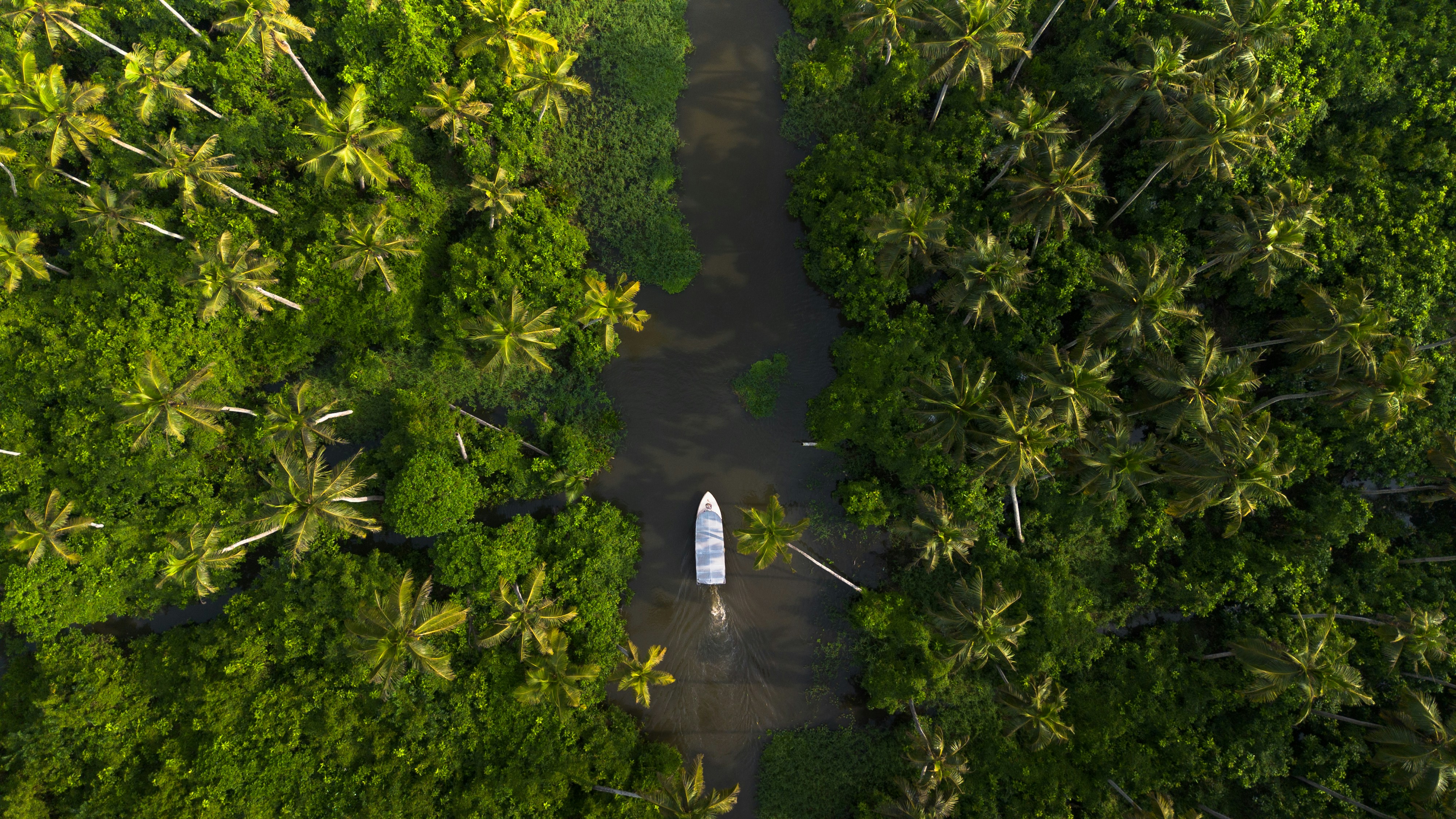 an aerial view of a boat on a river surrounded by trees