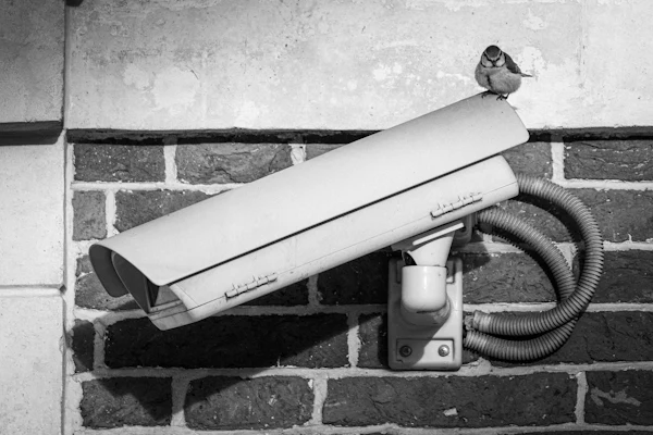 A security camera mounted on a brick wall