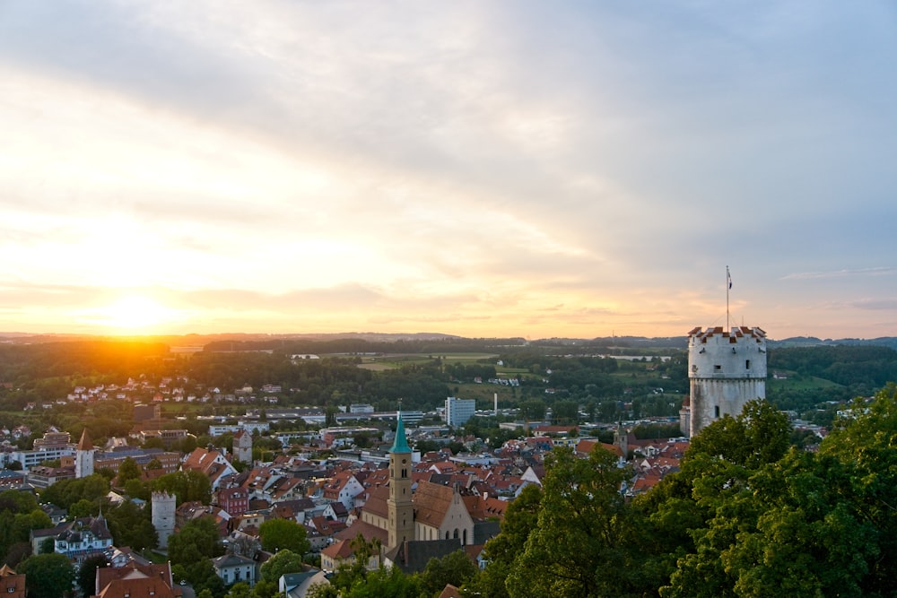 a view of a city with a clock tower