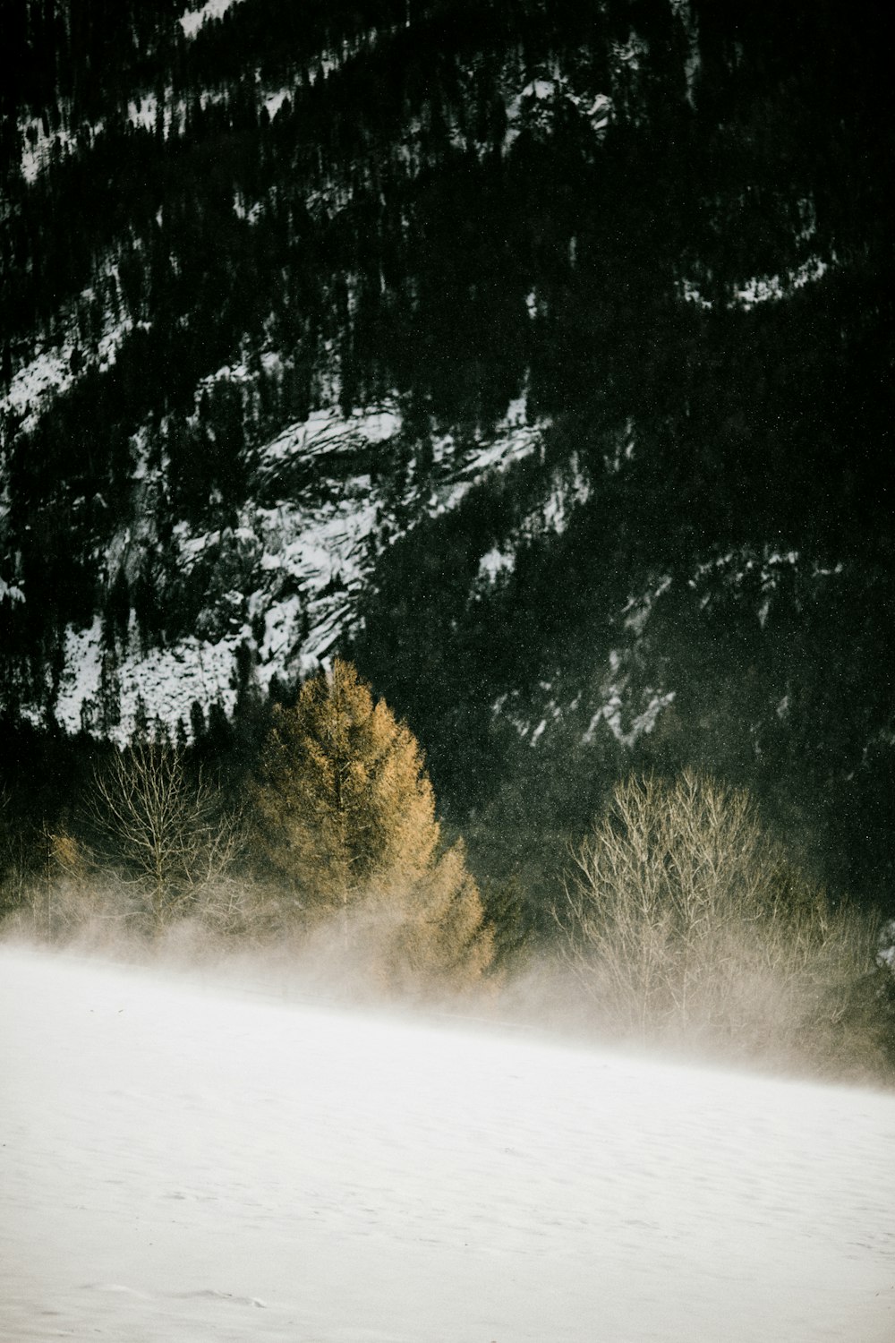 a person riding a snowboard down a snow covered slope